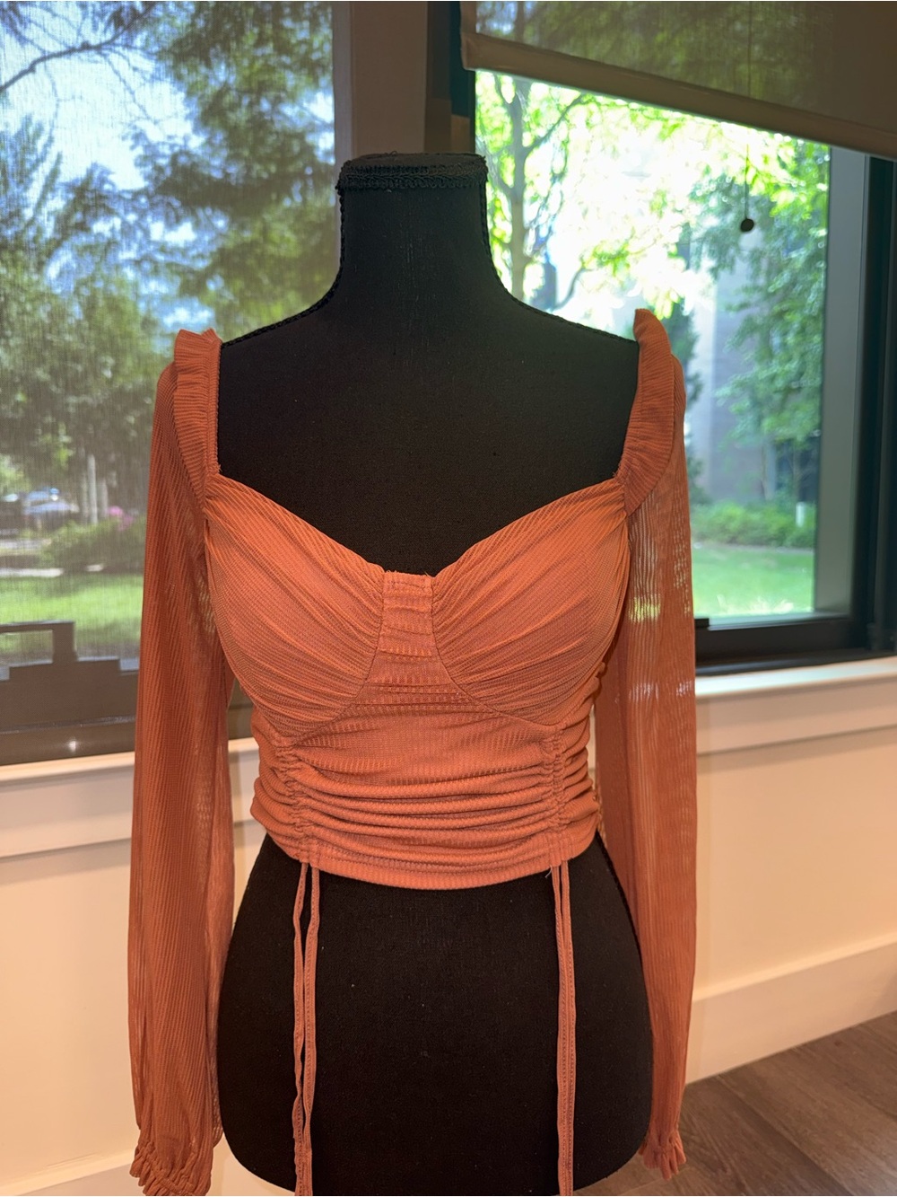 Fashion Nova Rust Orange Ruched Long-Sleeve Crop Top
